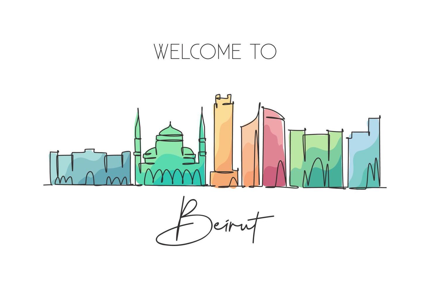 enda kontinuerlig linjeritning av Beirut stadssilhuett, Libanon. berömd stadsskrapa och landskap hemväggdekor affischtryck. världsresor koncept. moderna en rad rita design vektorillustration vektor
