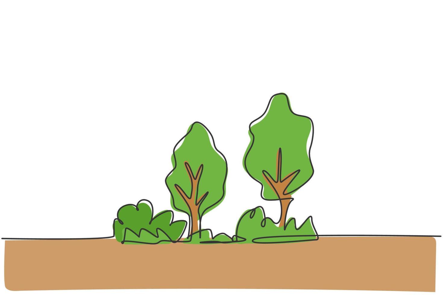 Kontinuierliche einzeilige Zeichnung von Öko-Grünbaum mit Busch für Gartensymbol. Natürliches Ökologieparklogo handgezeichnetes minimalistisches Konzept. moderne einzeilig zeichnende Design-Vektorgrafikillustration vektor