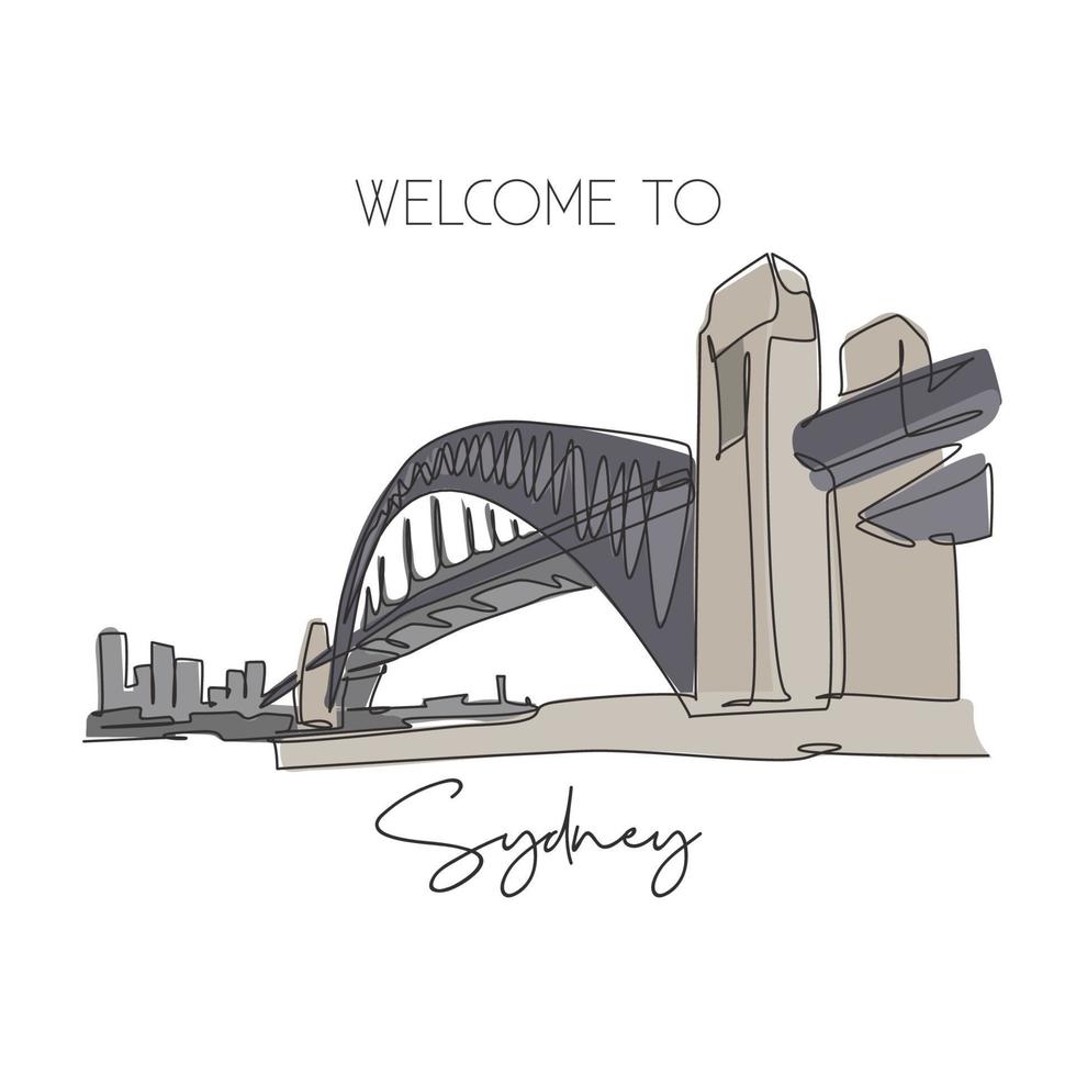 en kontinuerlig linjeritning sydney harbor bridge landmärke. stora bro i Australien. semester semester turism hem vägg dekor affisch print koncept. moderna en rad rita design vektorillustration vektor