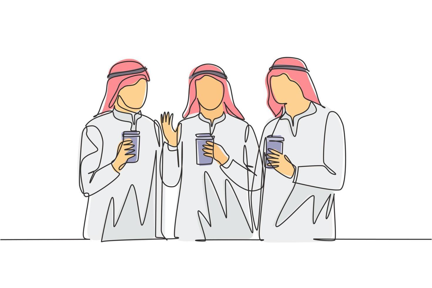 en enda radritning av unga muslimah -tjejer som går tillsammans med vänner som håller ett papperskoppar kaffe. arabisk Mellanöstern kvinnlig hijab och slöja. kontinuerlig linje rita design illustration vektor