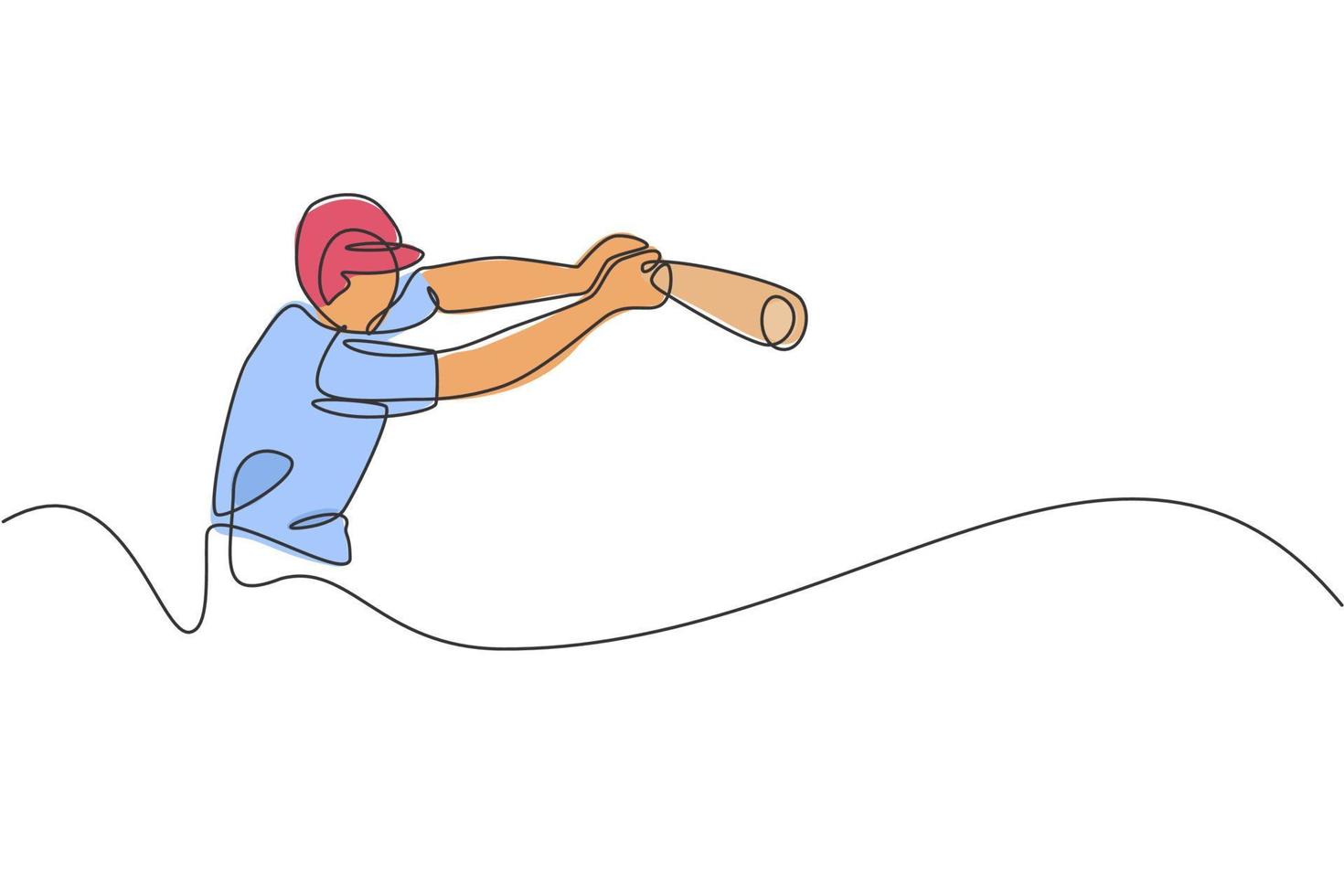 enda kontinuerlig linjeritning av ung smidig man baseballspelare praxis att slå bollen. sport träning koncept. trendiga en rad rita design vektor illustration grafik för baseball marknadsföring media