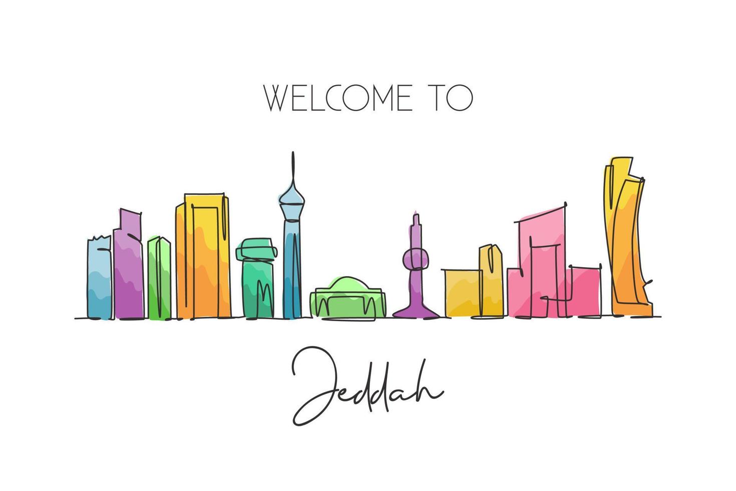 eine durchgehende strichzeichnung der skyline von jeddah, saudi-arabien. schöner Wahrzeichen-Postkartendruck. Weltlandschaftstourismus Reiseurlaub. stilvolle einzeilige zeichnen design-vektorillustration des strichs vektor