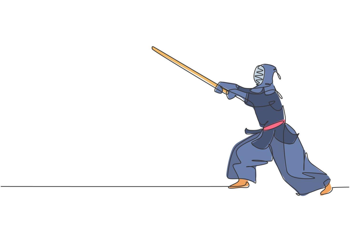 Eine einzige Strichzeichnung junger energischer Mann übt Angriffs-Kendo-Fähigkeiten mit Holzschwert in der grafischen Vektorillustration des Fitnessstudios aus. Kampfsportkonzept. modernes Design mit durchgehender Linie vektor