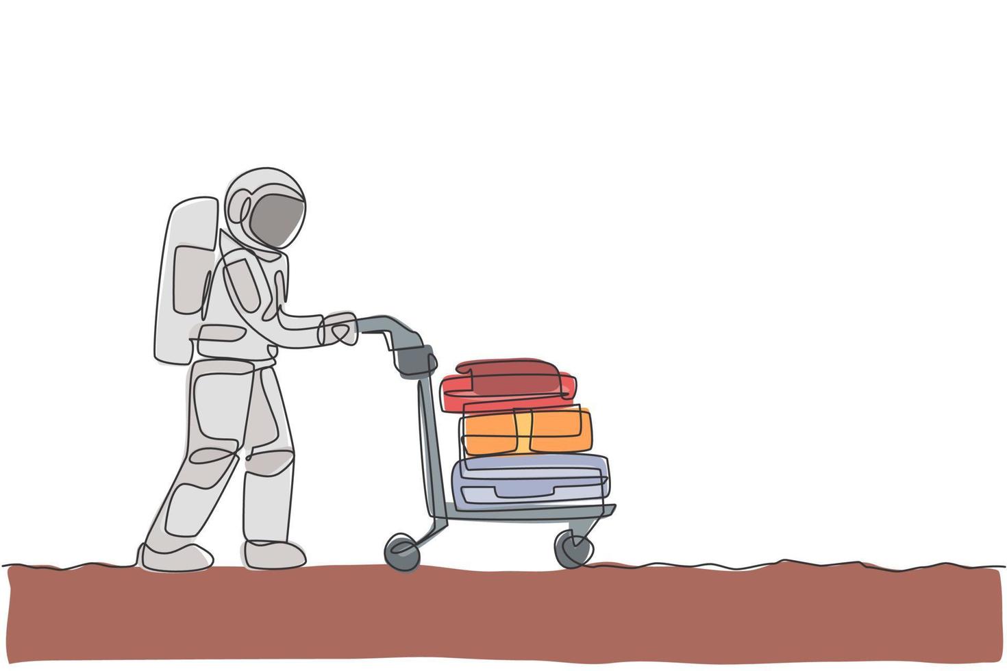 einzelne durchgehende Linienzeichnung eines jungen Astronauten, der Gepäckwagen mit Taschen und Koffer in der Mondoberfläche drückt. Kosmonauten Weltraumkonzept. trendige Grafikdesign-Vektorillustration mit einer Linie zeichnen vektor