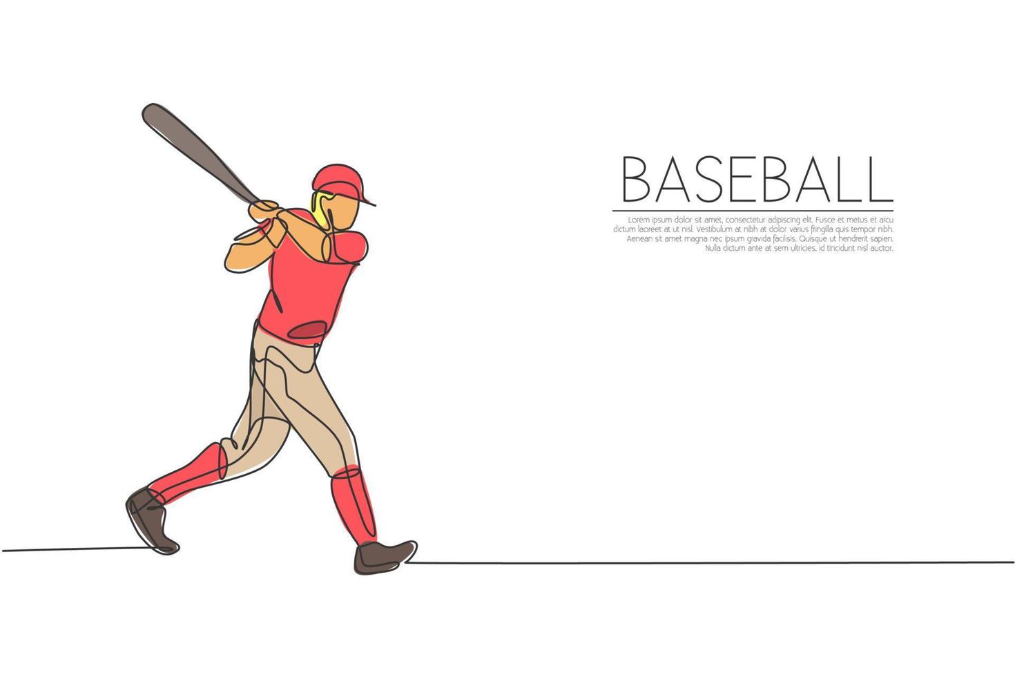 einzelne fortlaufende Linienzeichnung des jungen agilen Baseballspielers, der übt, den Ball zu schlagen. Sportübungskonzept. trendige einzeilige design-vektorgrafikillustration für baseball-werbemedien vektor