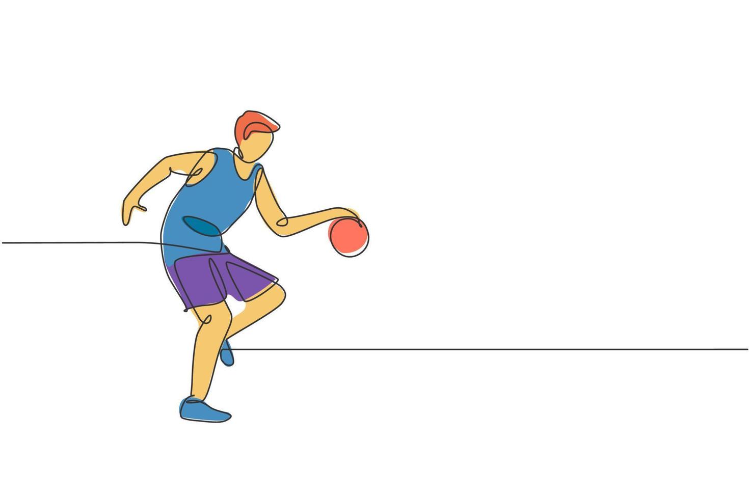 en enda linjeteckning av unga energiska basketspelare tränar på domstolen grafisk vektorillustration. sporttävling koncept. modern kontinuerlig linje ritning design för basket turnering affisch vektor