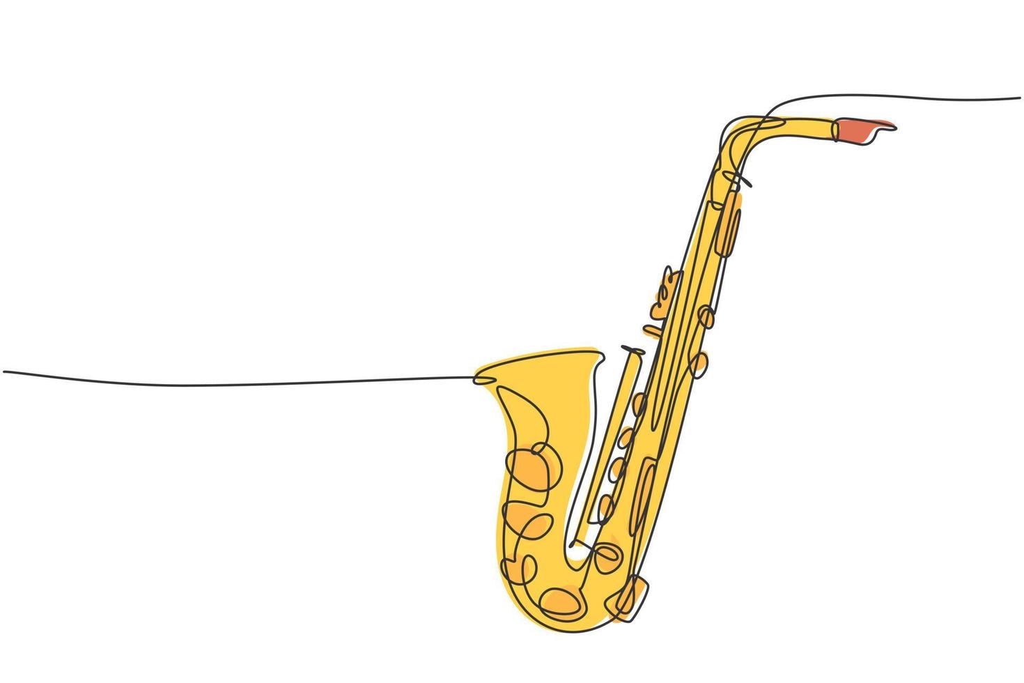 en kontinuerlig linjeteckning av klassisk saxofon. blåsmusikinstrument koncept. modern enkel rad grafisk rita design vektor illustration