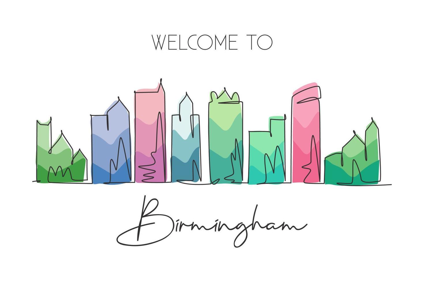 eine einzige strichzeichnung besuchen sie die skyline der stadt birmingham, alabama. Weltschönheit Stadtlandschaft. beste Urlaubszielpostkarte. Bearbeitbarer Strich trendige durchgehende Linie zeichnen Design-Vektor-Illustration vektor