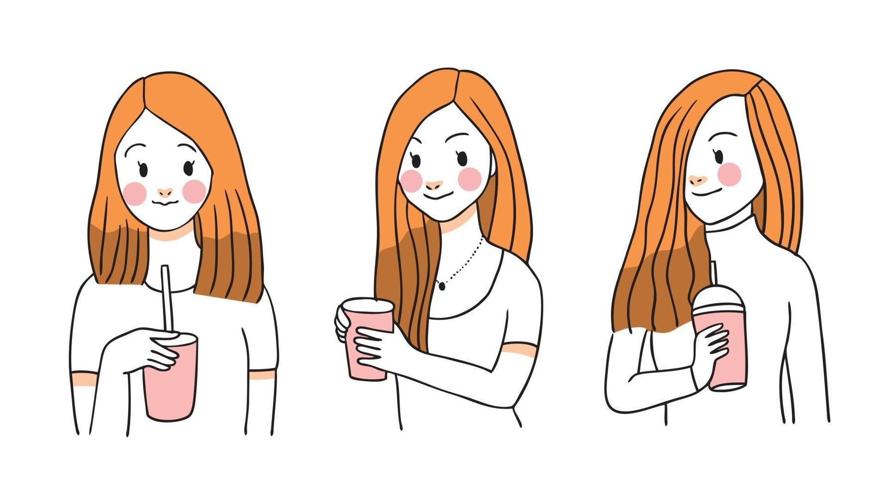 härlig kvinna dricker kaffe, hand rita tecknad söt vektor. vektor