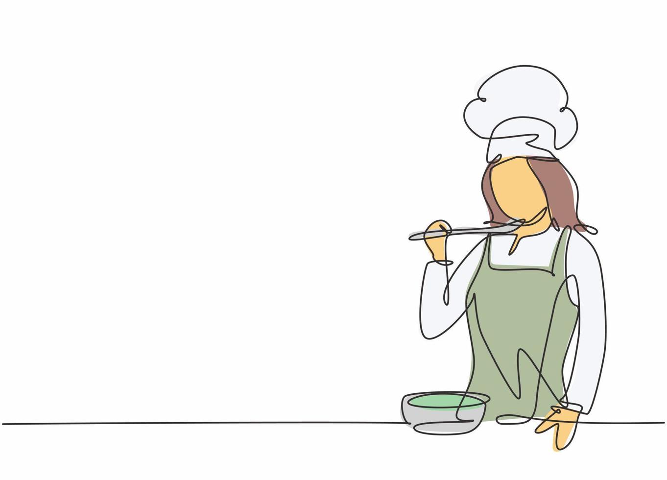 en kontinuerlig radritning av ung kvinnlig kockprovning och luktande soppcurry med träsked. hälsosam mat beredning på kommersiella kök koncept enda rad rita design vektor illustration