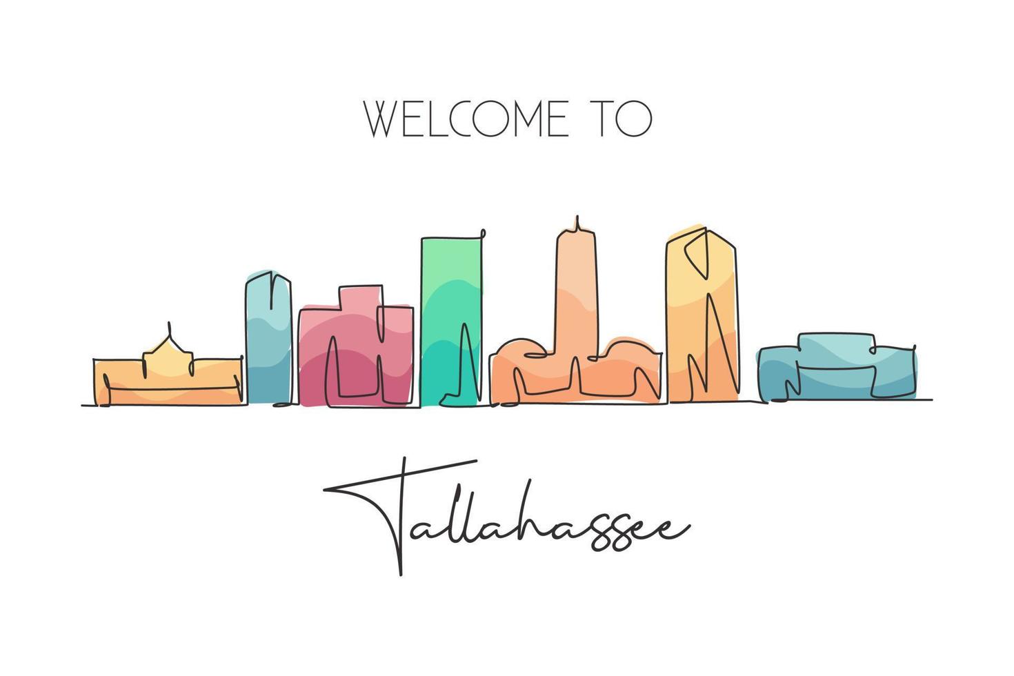 Eine einzige Linie, die die Skyline der Stadt Tallahassee, Florida, zeichnet. welthistorische Stadtlandschaft Plakatkunst. bestes Urlaubsziel. Bearbeitbarer Strich trendige durchgehende Linie zeichnen Design-Vektor-Illustration vektor