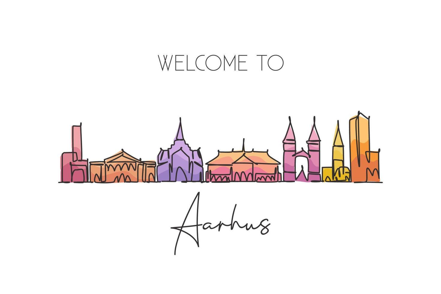 en rad ritning aarhus city skyline, danmark. världshistorisk stad landskap vykort. bästa semesterdestinationen. redigerbara stroke trendiga kontinuerlig linje rita design vektorillustration vektor