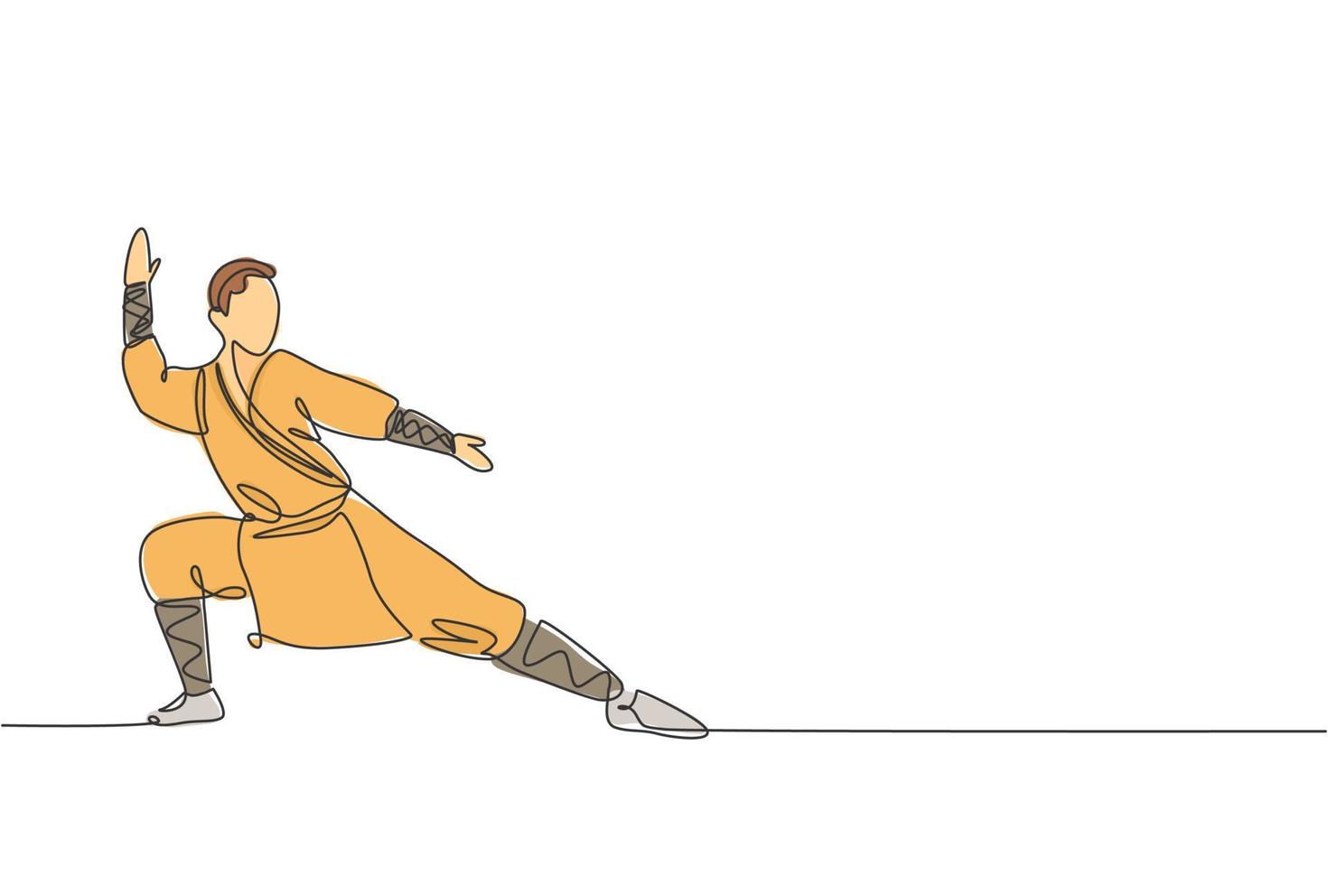 en enda linje ritning ung energisk shaolin munk man tränar kung fu slåss vid templet vektorgrafisk illustration. antika kinesisk kampsport sport koncept. modern kontinuerlig linjeritningsdesign vektor