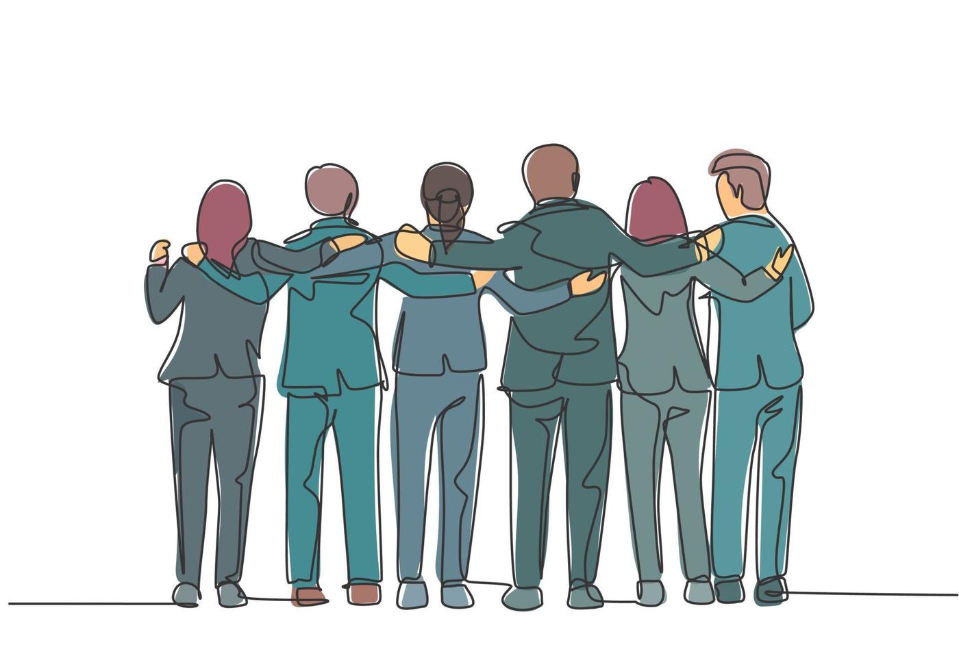 en enda radritning om grupp män och kvinnor från multietniska som står tillsammans för att visa deras vänskapsband. enhet i mångfald koncept kontinuerlig linje rita design vektor illustration