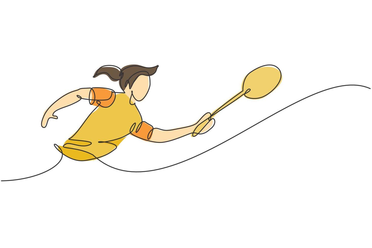 eine durchgehende Strichzeichnung eines jungen Badmintonspielers, der Federball mit Schläger trifft. Leistungssportkonzept. dynamische Single-Line-Draw-Design-Vektorillustration für Turnier-Match-Promotion-Poster vektor