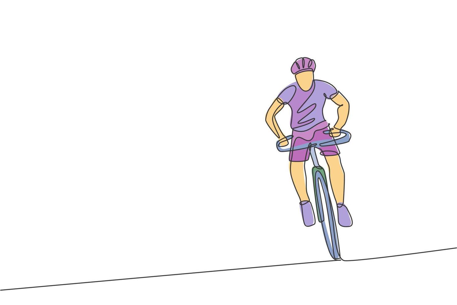 einzelne durchgehende linie, die junge agile mannradfahrer konzentriert, die seine ausdauer trainieren. Sport-Lifestyle-Konzept. trendige Design-Vektor-Illustrationsgrafik mit einer Linie für Radrennen-Werbemedien vektor