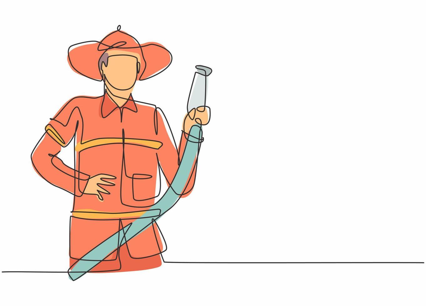 kontinuerlig enradsteckning av ung manlig brandman som håller vattenmunstycke. professionellt jobb yrke minimalistiskt koncept. enkel linje rita design vektor grafisk illustration