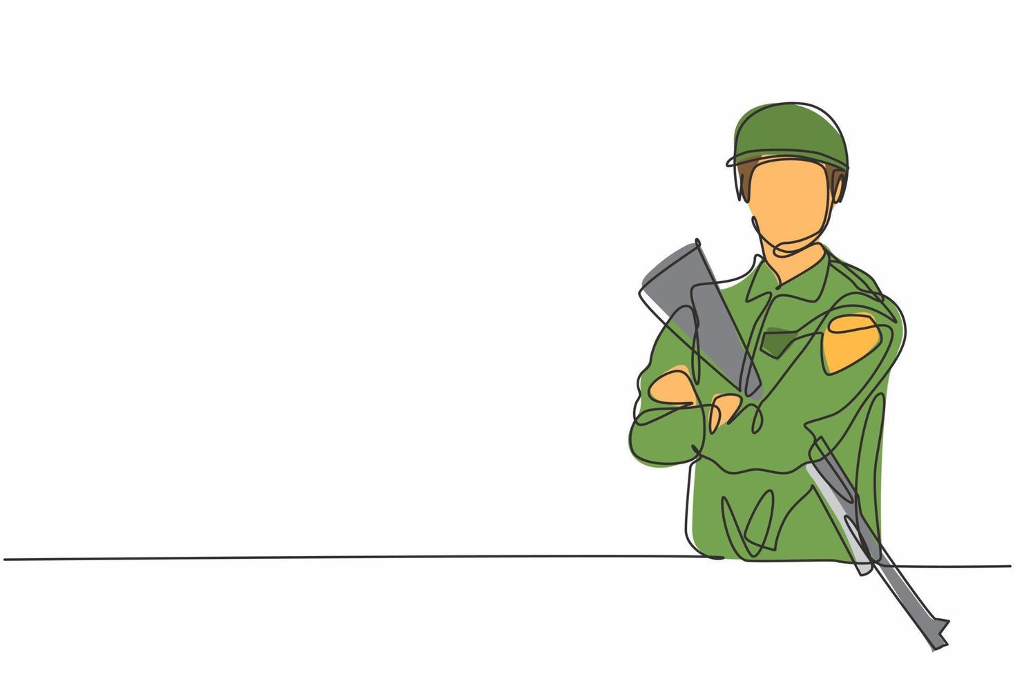 enda kontinuerlig linje ritning av ung soldat man korsarm på bröstet och håller gevär vapen. yrkesarbete. minimalism koncept en rad rita grafisk design vektor illustration