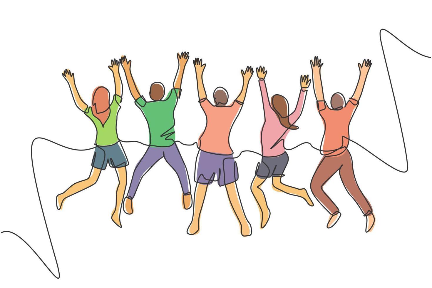 Eine Strichzeichnung der Rückansichtsgruppe junger glücklicher Männer und Frauen, die zusammen springen, um ihren Urlaub zu feiern. Reisekonzept. durchgehende Linie zeichnen Design-Grafik-Vektor-Illustration vektor