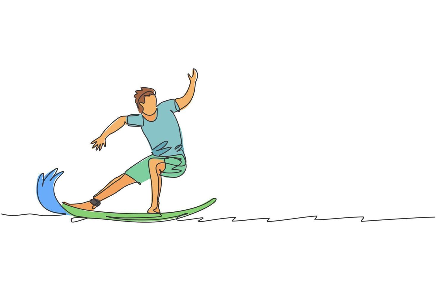 Eine einzige durchgehende Linie zeichnet einen jungen professionellen Surfer in Aktion, der auf den Wellen auf dem blauen Ozean reitet. extremes wassersportkonzept. Sommerurlaub. trendige einzeilige zeichnen design vektorgrafik illustration vektor