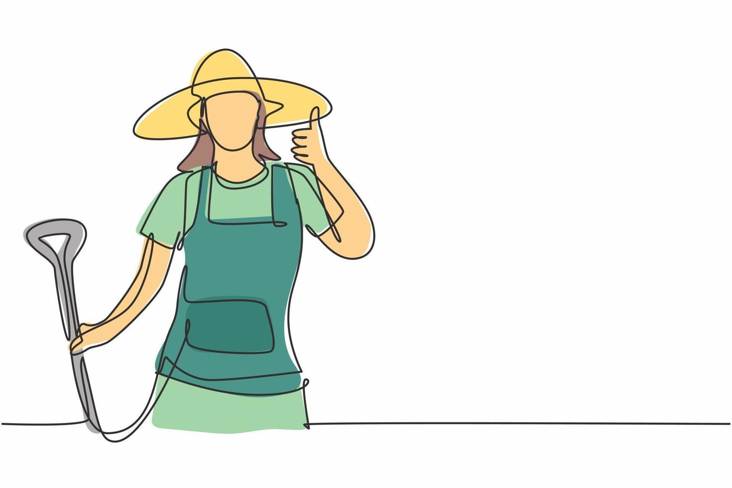 Kontinuierliche einzeilige Zeichnung einer Bäuerin mit einer Daumen-hoch-Geste, die einen Strohhut trägt und eine Schaufel trägt, um zur Erntezeit auf dem Bauernhof zu arbeiten. einzelne Linie zeichnen Design-Vektor-Grafik-Darstellung. vektor