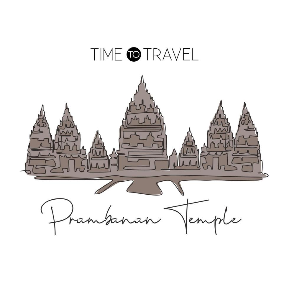 en enda rad ritning prambanan tempel landmärke. världsberömd plats i jogja, indonesien. turism resor vykort hem vägg dekor print koncept. modern kontinuerlig linje rita design vektorillustration vektor