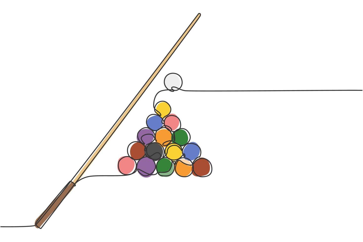 einzelne durchgehende Linienzeichnung von dreieckigen Pyramidenkugeln stapeln sich für Pool-Billard-Spiele im Billardraum. Indoor-Sport-Spielkonzept. trendige einzeilige zeichnen design-vektor-illustrationsgrafik vektor