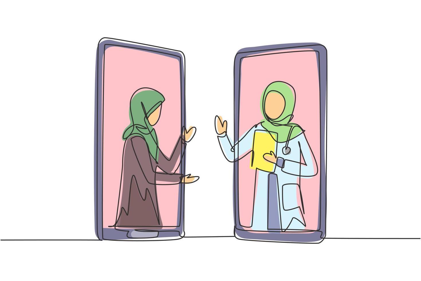 enkel kontinuerlig linje som ritar två smartphones ansikte mot ansikte och innehåller hijab kvinnlig patient och hijab kvinnlig läkare med sina kroppar som om de kommer ut ur en smartphone. en rad rita grafisk design vektor