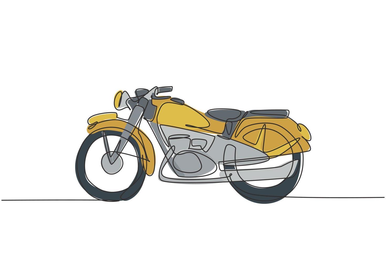 enda kontinuerlig linjeteckning av gammal klassisk vintage motorcykelsymbol. retro motorcykel transport koncept en linje rita design vektor grafisk illustration