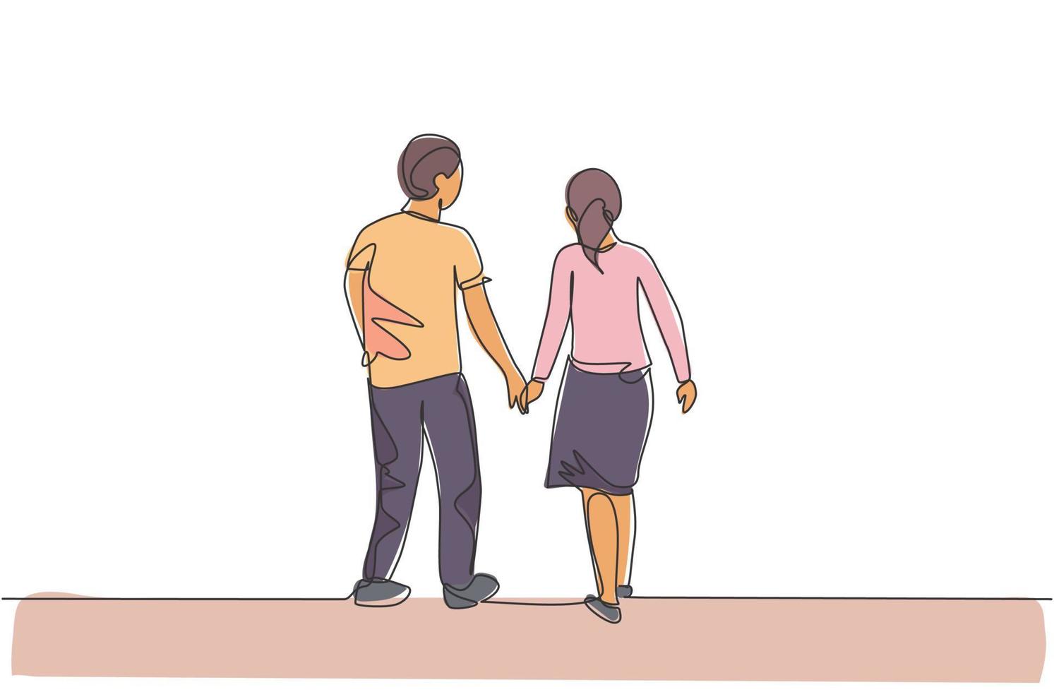 einzelne durchgehende Strichzeichnung eines jungen Paares, Frau und Ehemann, die zusammen gehen und Hand halten, Rückansicht. glückliches familienerziehungskonzept. trendige einzeilige design-vektorillustration vektor