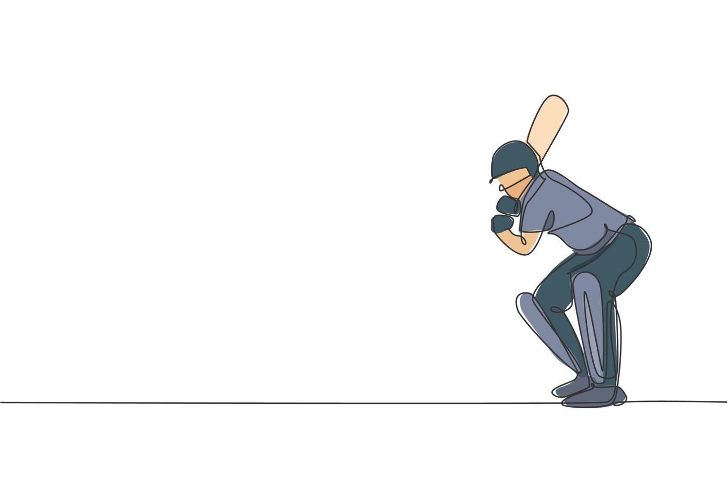 en kontinuerlig linjeteckning av ung man cricket spelare ställning stående för att ta emot bollen från pitcher vektorillustration. sport koncept. dynamisk enda linje rita design för reklam affisch vektor