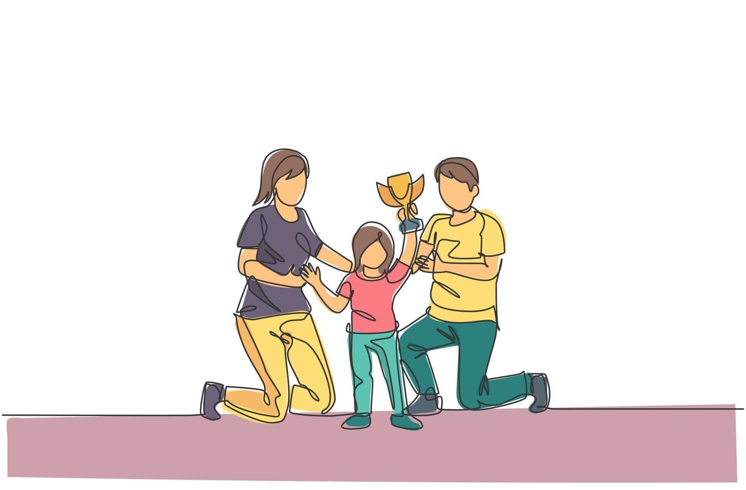 enda kontinuerlig linje ritning av liten flicka fira trofé seger med sin förälder efter att ha vunnit tävling. lycklig familj föräldraskap koncept. trendig en linje rita design vektor illustration