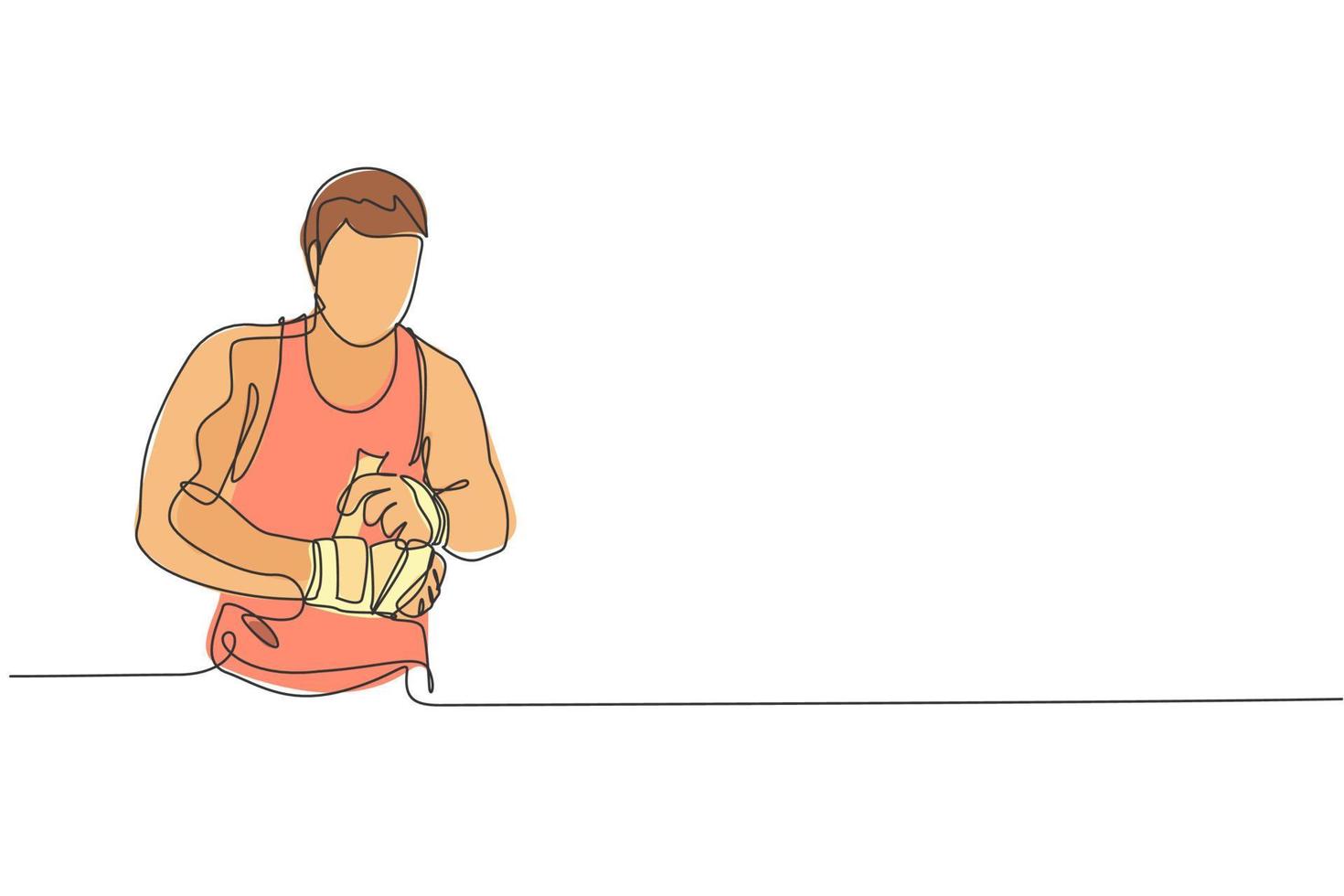 en kontinuerlig linjeteckning av en ung sportig man kickboxer-atlet linda ett bandage för att förbereda ett slagsmål på gym center. stridssport koncept. dynamisk enda rad rita design vektorillustration vektor