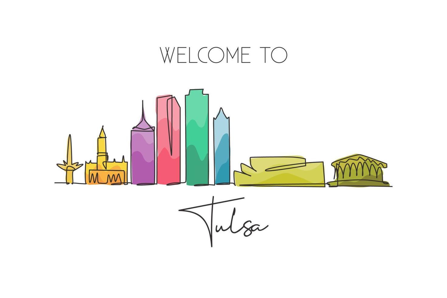 einzelne durchgehende strichzeichnung die skyline der stadt tulsa, oklahoma. berühmter Stadtkratzer und Landschaft. Weltreisekonzept Hauptwanddekorkunst-Plakatdruck. moderne einzeilige abgehobene betragsdesign-vektorillustration vektor