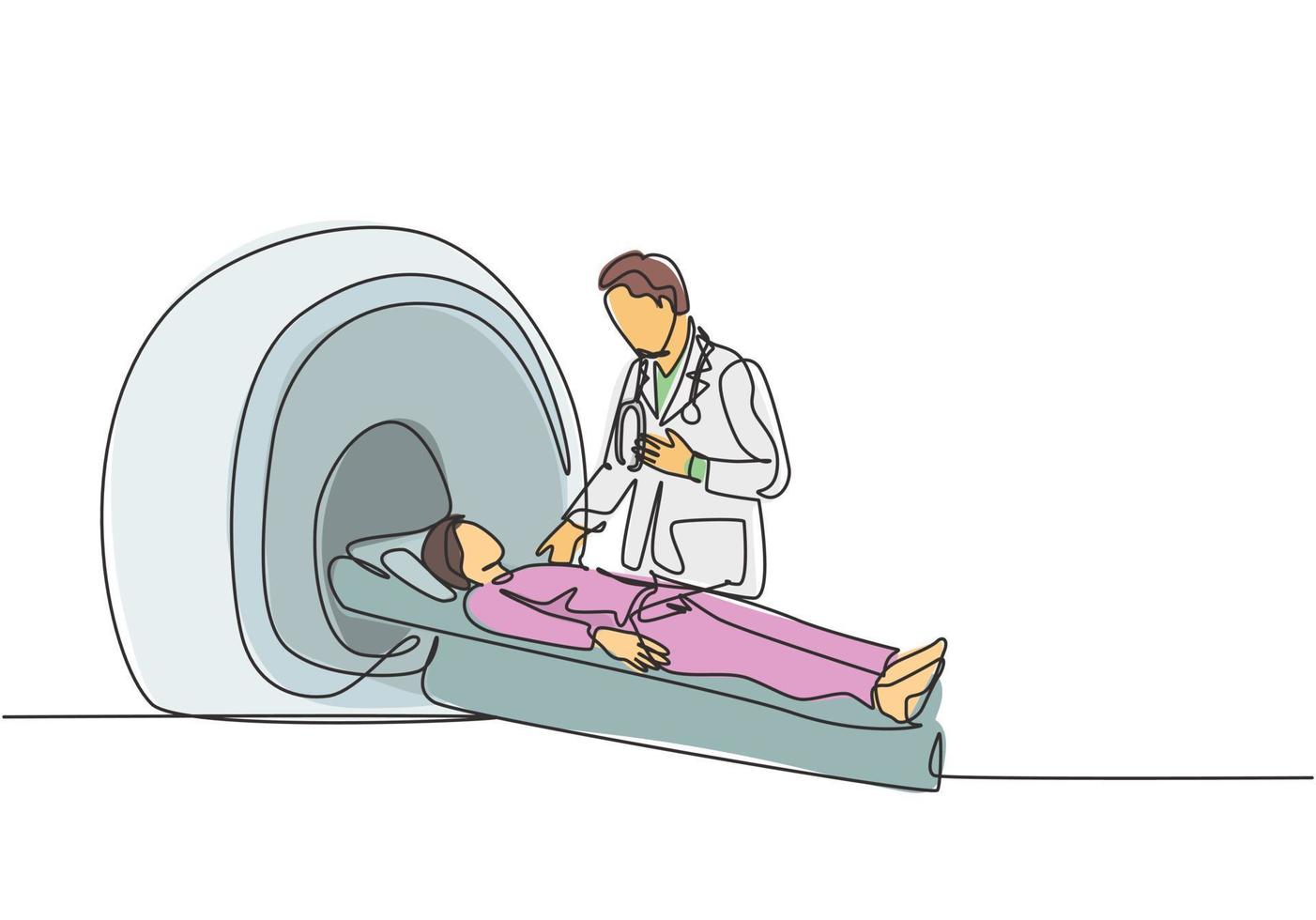 en kontinuerlig linjeteckning av ung manlig läkare gör mri -procedur för ct -skanning av manlig cancerpatient. medicinsk behandling service koncept enkel linje rita design vektor illustration