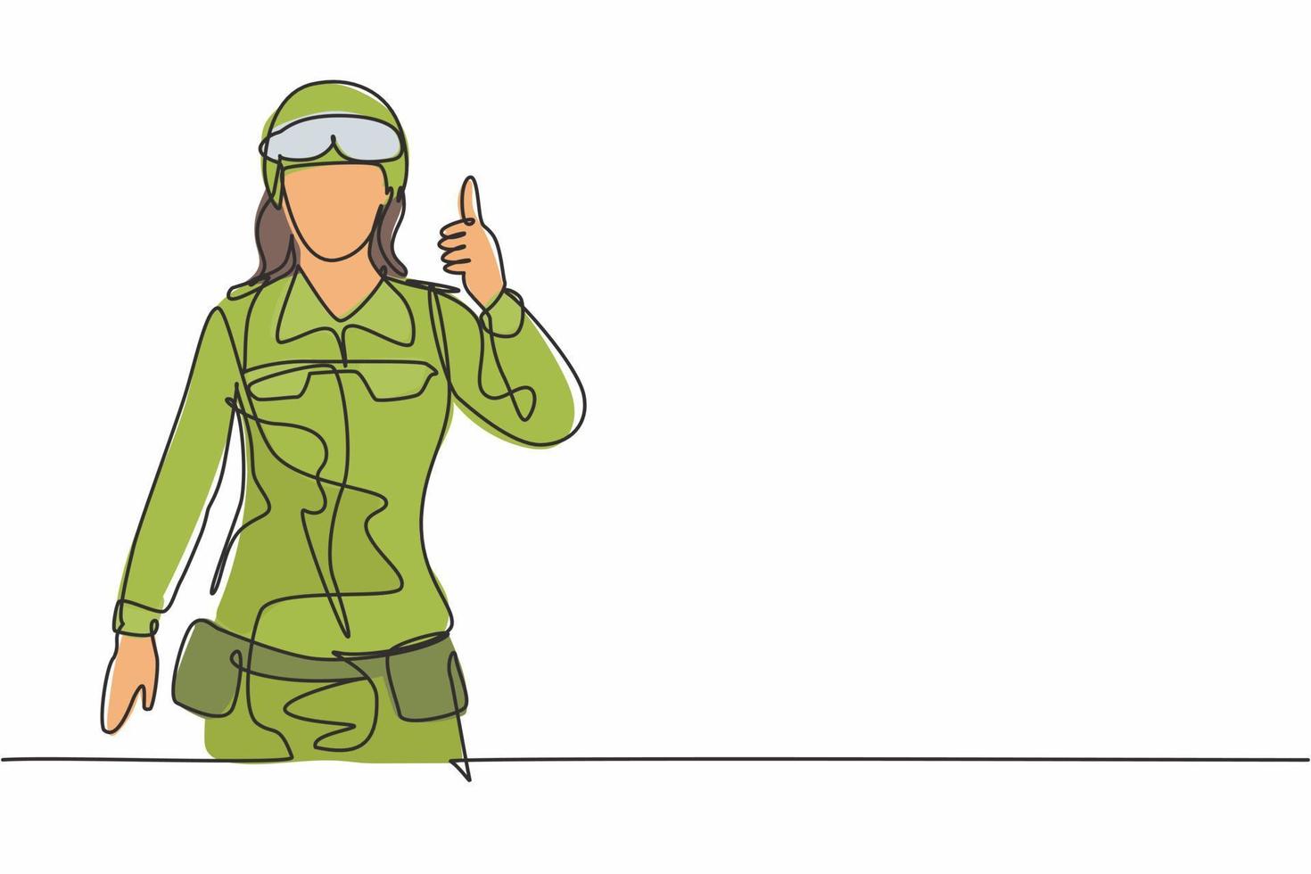 einzelne durchgehende Linie, die Frauensoldaten mit Schutzbrille, volle Uniformen, Daumen-hoch-Gesten zeichnet, sind bereit, das Land auf dem Schlachtfeld zu verteidigen. dynamische eine linie zeichnen grafikdesign vektorillustration vektor