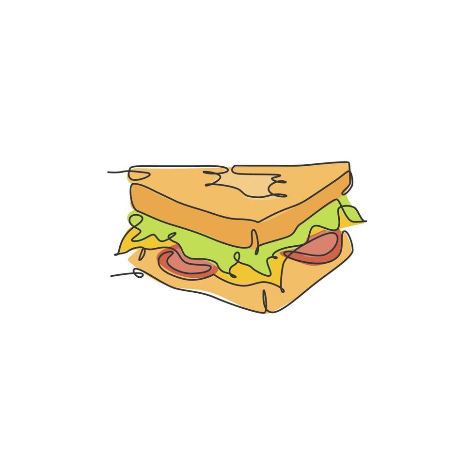 enda kontinuerlig linjeritning av stiliserad amerikansk sandwich-logotypetikett. emblem snabbmat restaurang koncept. modern en rad ritning design vektorillustration för café, butik eller mat leveransservice vektor