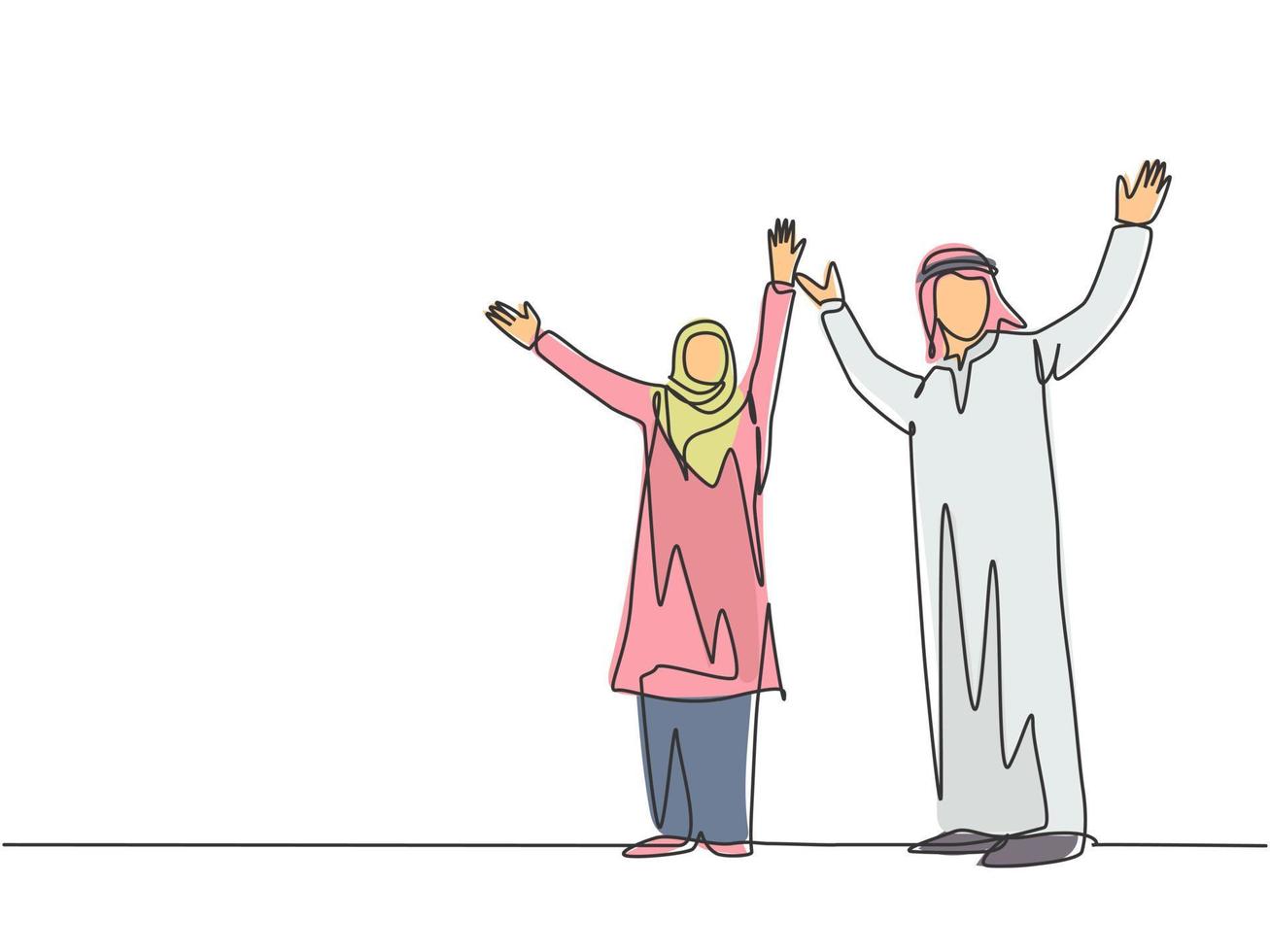 en enda radritning av unga glada manliga och kvinnliga muslimska affärsmän firar en framgång. saudiarabien tyg hijab, kandora, halsduk, ghutra. kontinuerlig linje rita design vektor illustration