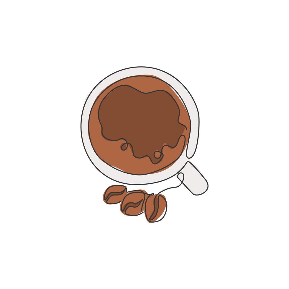 einzelne durchgehende Linienzeichnung der Tasse Kaffee von oben mit Bohnen-Logo-Etikett. Emblem Café-Konzept. moderne einzeilige Design-Vektorillustration für Café-, Shop- oder Getränkelieferservice vektor