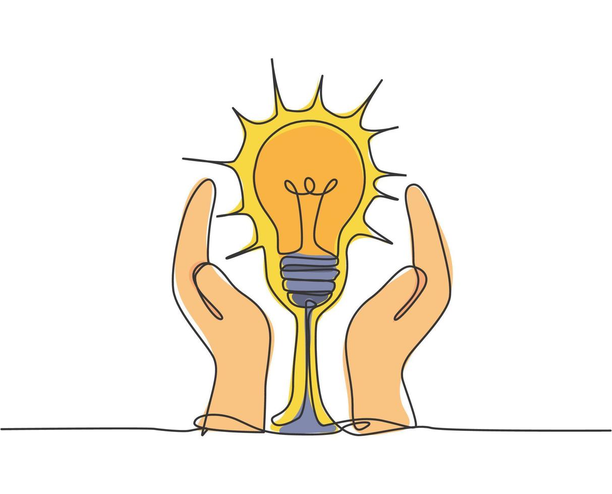 enda kontinuerlig ritning av öppna händer skyddar glödlampa för logotypetikett. företagets säkra skydd logotyp symbol mall koncept. dynamisk en rad rita grafisk vektor illustration