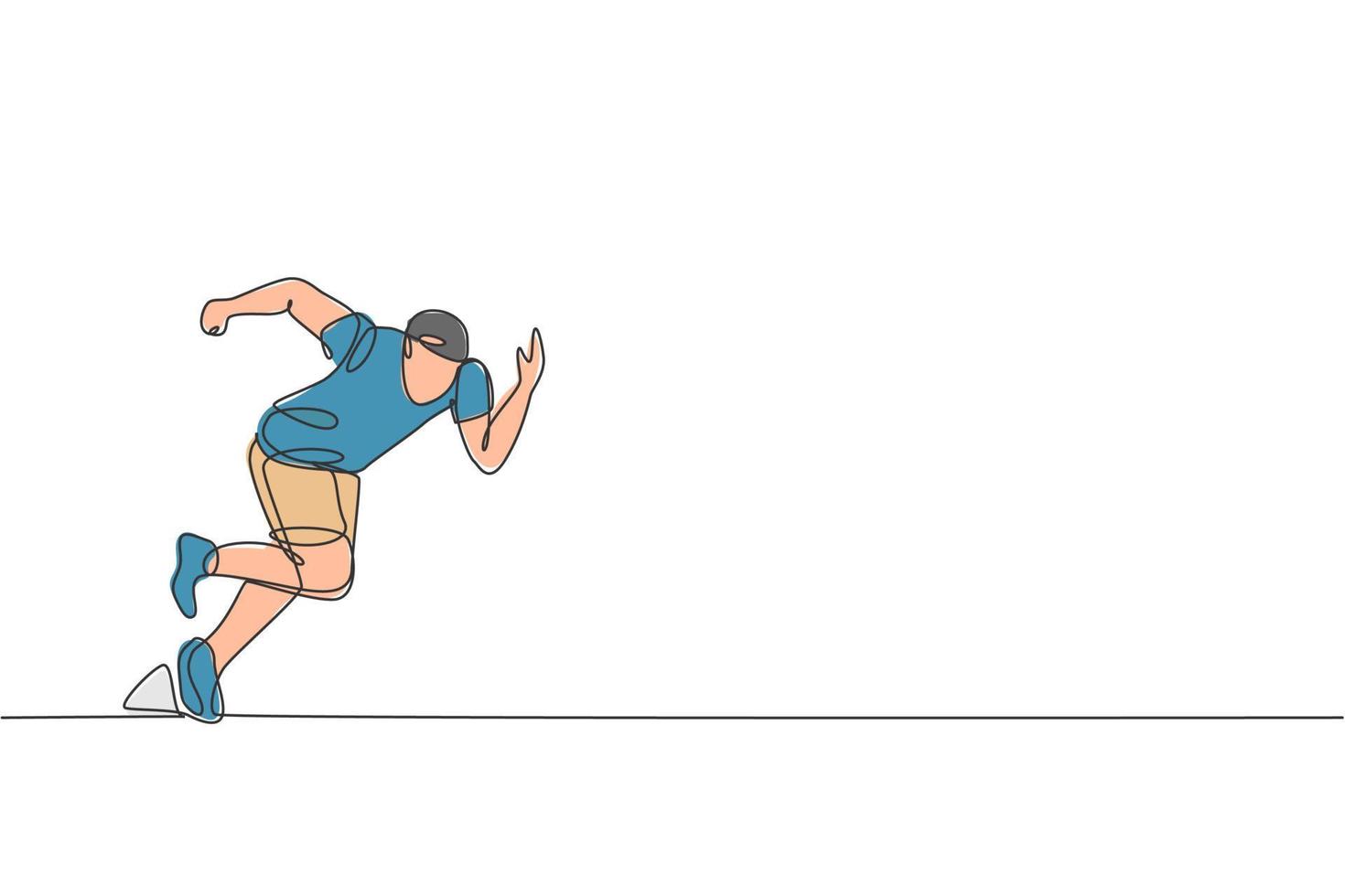 eine durchgehende Linienzeichnung des jungen sportlichen Mannläufers, der sich auf das Training konzentriert, um schnell zu laufen. Sportkonzept für Gesundheitsaktivitäten. dynamische einzeilige Zeichnungsdesign-Vektorillustration für Laufveranstaltungs-Werbeplakat vektor