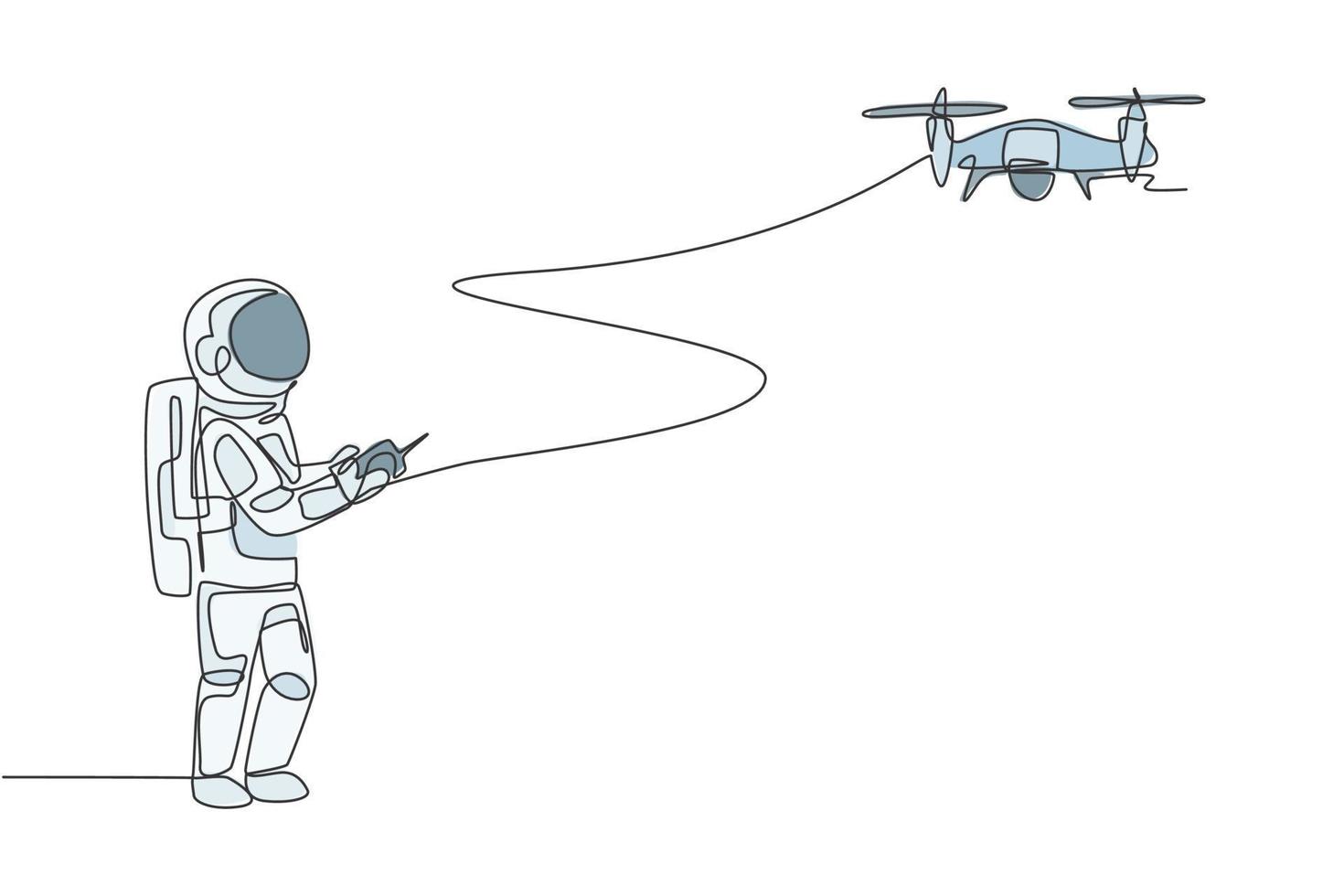 einzelne durchgehende Linienzeichnung Astronaut, der die Funksteuerung des Drohnenflugzeugs auf der Mondoberfläche spielt. Spaß in der Freizeit am Weltraumkonzept haben. trendige einzeilige Grafik-Draw-Design-Vektor-Illustration vektor