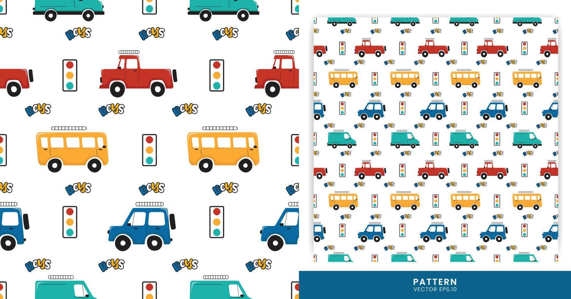 illustration av mönster med olika färgrik bilar och trafik lampor för körning och transport. mönster för en pojke tema. vektor