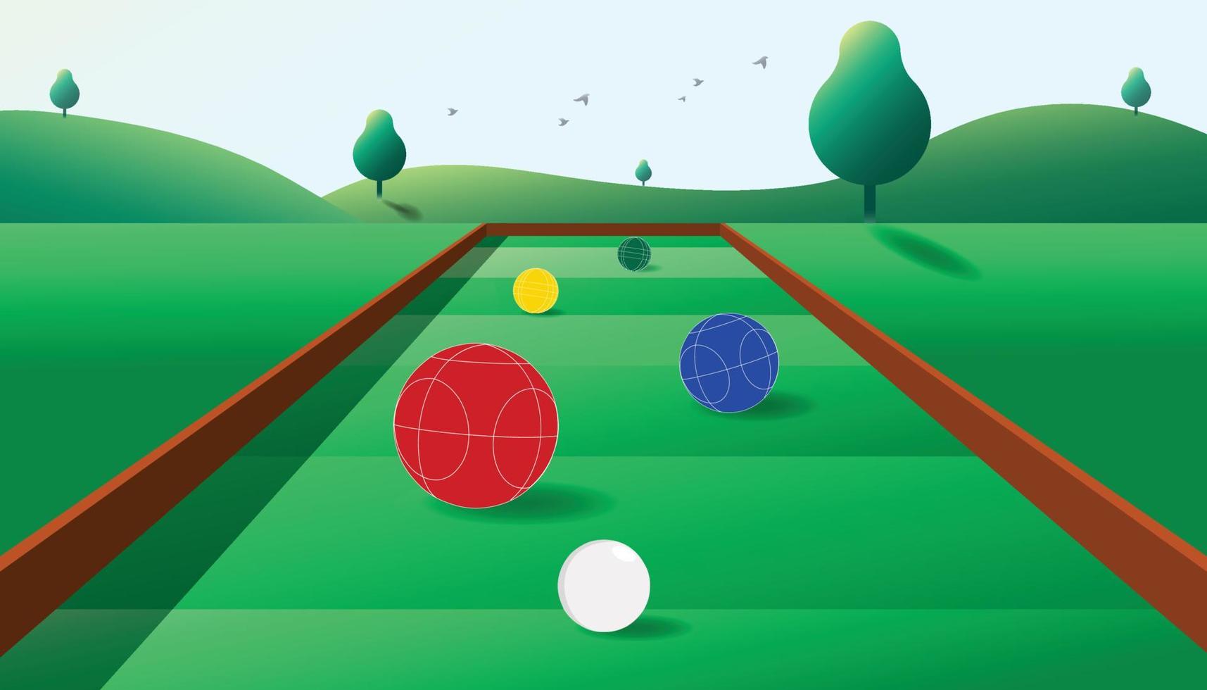 bakgrund illustration av spelar sporter boccia med fyra stor bollar och ett små boll, morgon- atmosfär med naturlig landskap. vektor