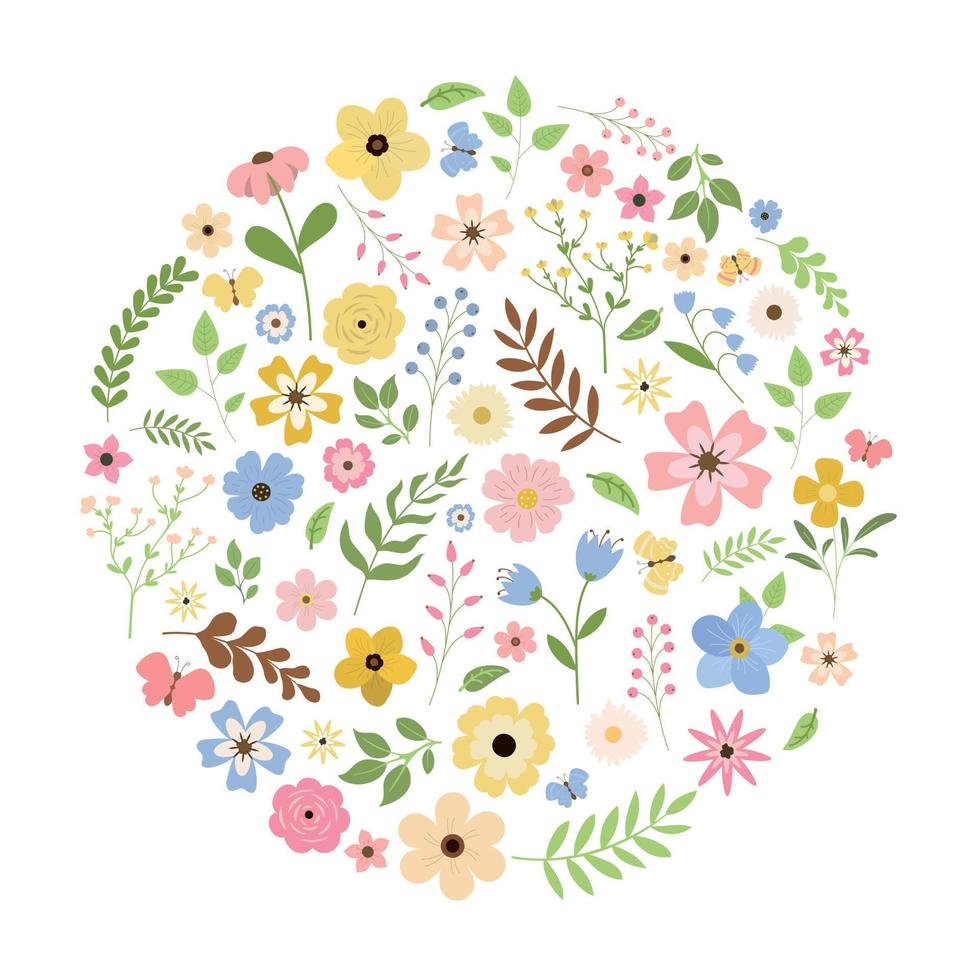 Vektor Blume runden rahmen. Blumen- Karte mit bunt Blumen, Blätter, und Schmetterlinge. süß Design zum Gruß Karten. isoliert auf Weiß Hintergrund.