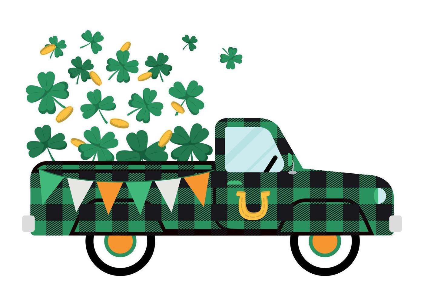 Glücklich LKW mit Grün Kleeblätter zum st. Patrick's Tag. Patrick's Tag Urlaub Vorlage Design zum Banner, Poster, Flyer, und Postkarte. isoliert auf Weiß Hintergrund. vektor