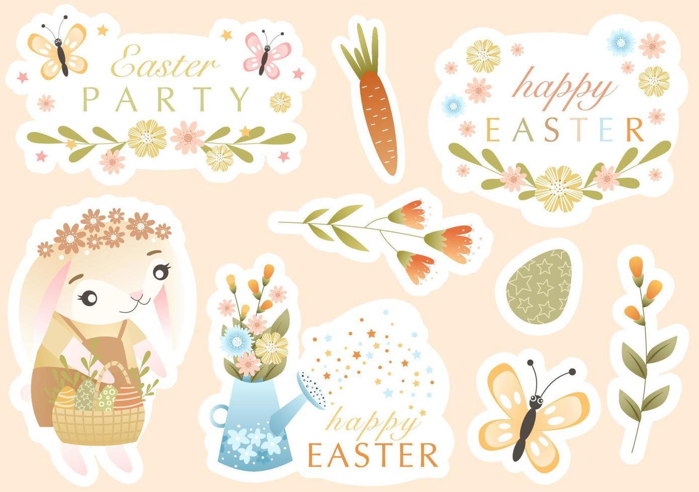 påsk klistermärke utrustning med söt kanin, vår blommor, färgad ägg, Grattis citat. vektor illustration i barns stil. söt klistermärke uppsättning och design element. perfekt för scrapbooking, kort