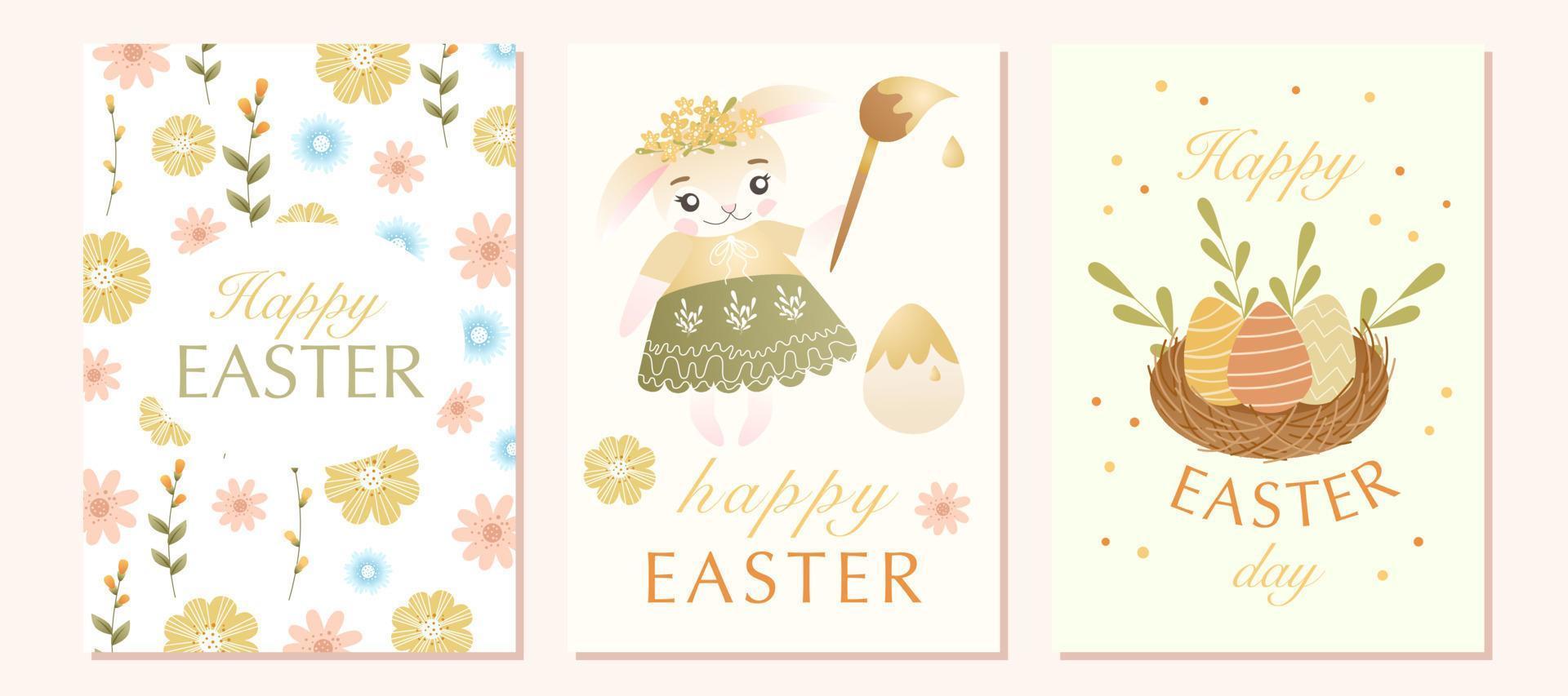 Ostern Gruß Karte einstellen mit süß Hase Charakter, farbig Ei, Frühling Blumen, Grün Blätter. gut zum Frühling und Ostern Gruß Karten, Poster, Kinder- Design und Banner. Vektor Illustration.