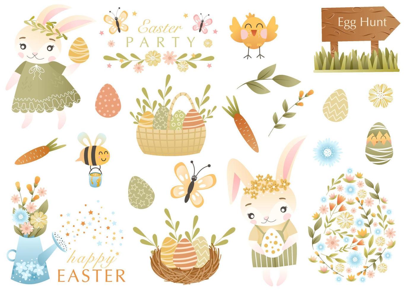 Frühling und Ostern Sammlung von süß Hasen, Blumen, Zitate, Eier und dekorativ Elemente. perfekt zum Poster, Karte, Scrapbooking , Schild, Einladung, Aufkleber Bausatz. Hand gezeichnet Vektor Illustration.