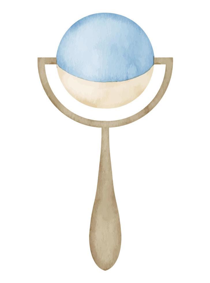 Aquarell Baby Rassel Spielzeug. Hand gezeichnet Illustration von kindisch Objekt auf isoliert Hintergrund zum Neugeborene Party Gruß Karten oder glücklich Geburtstag Einladungen. Zeichnung im Pastell- Blau und Beige Farben vektor